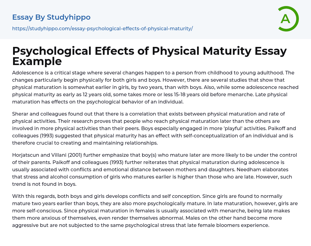Psychological Effects of Physical Maturity Essay Example