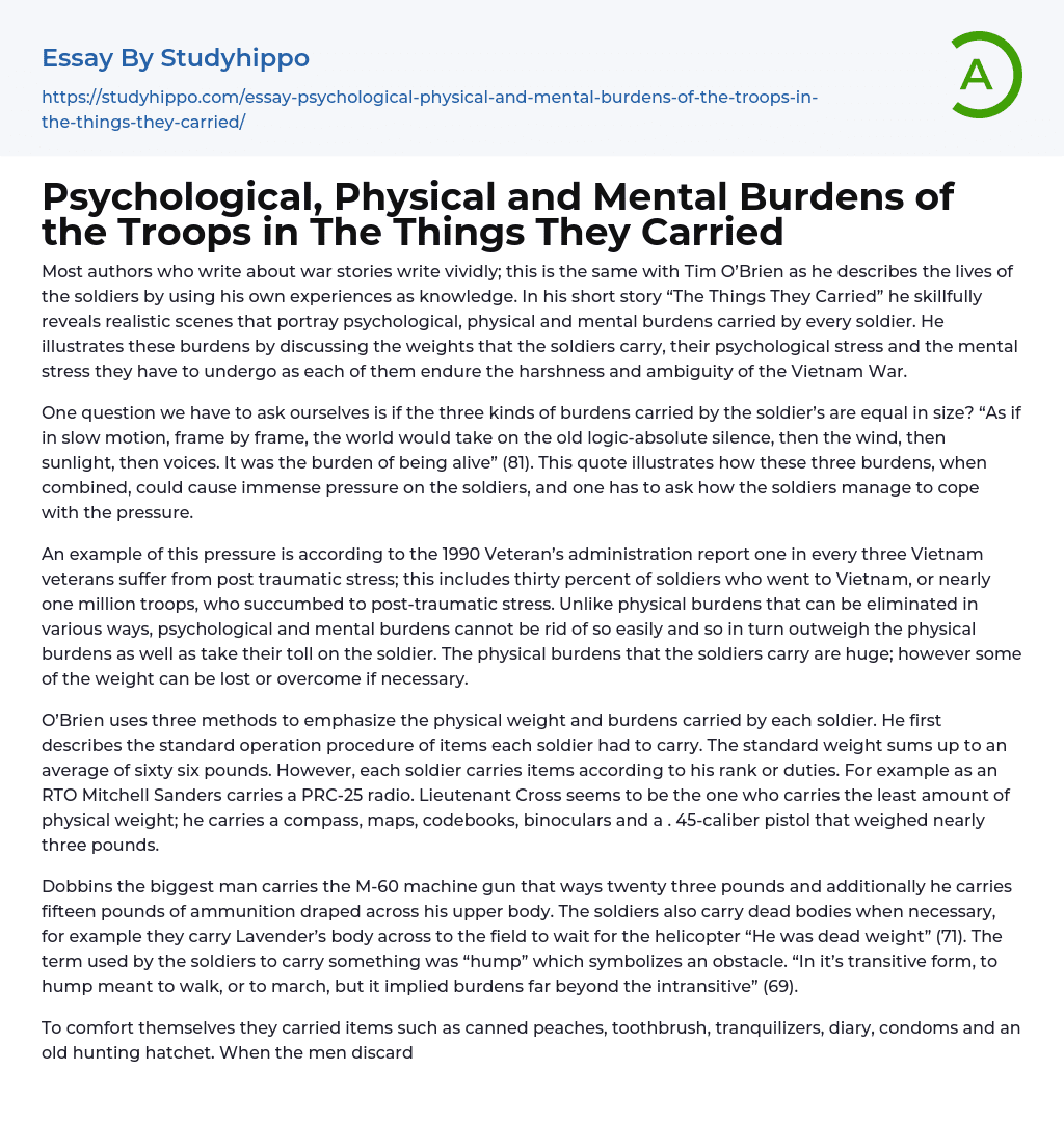 Psychological, Physical and Mental Burdens of the Troops in The Things They Carried Essay Example