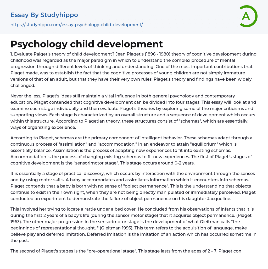 Psychology child development Essay Example