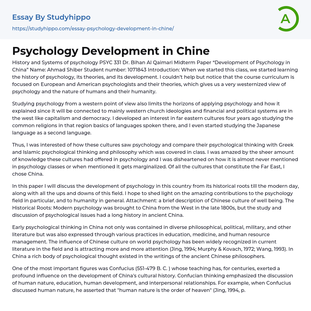 Development of Psychology in China Essay Example