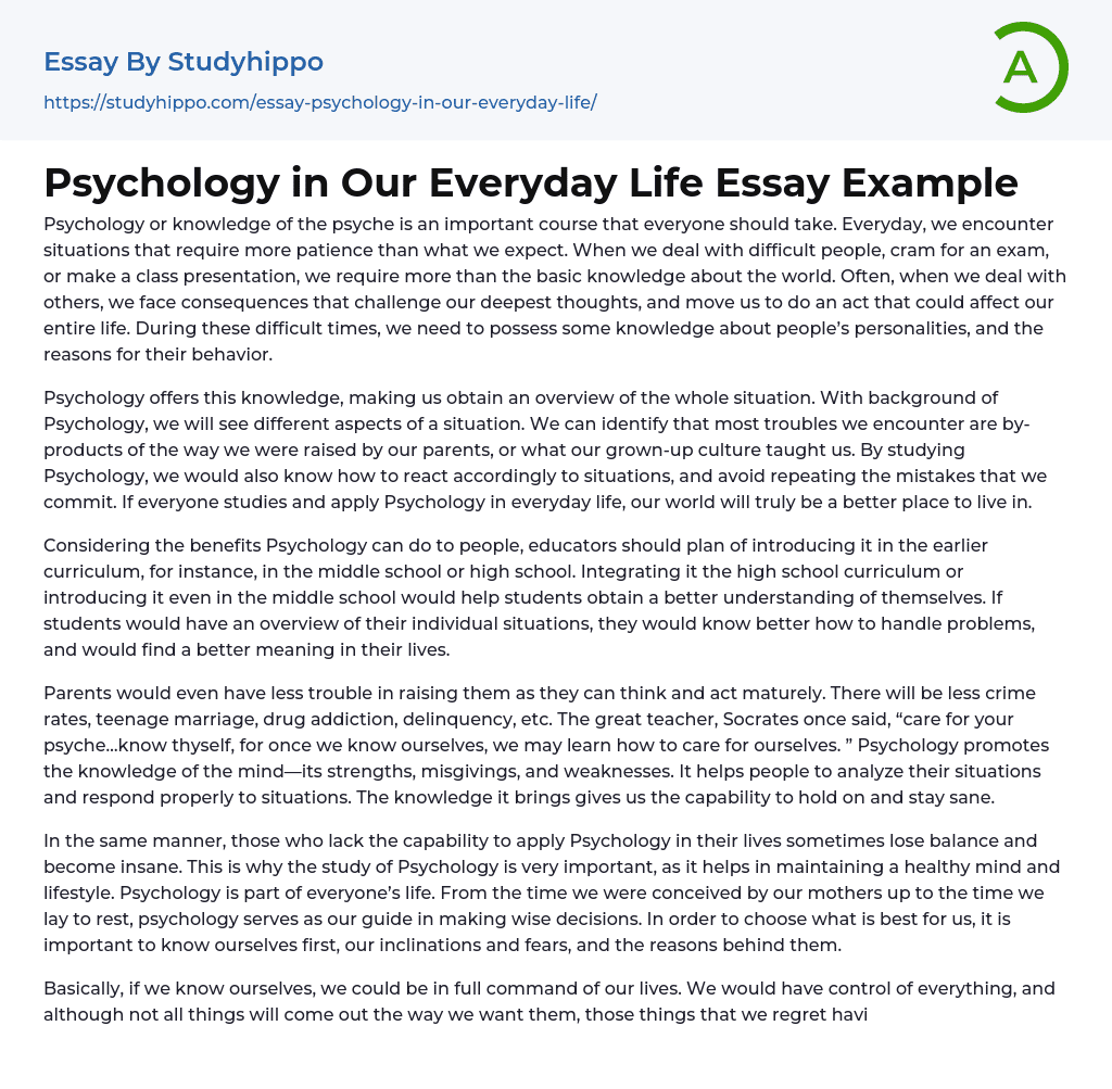 Psychology in Our Everyday Life Essay Example
