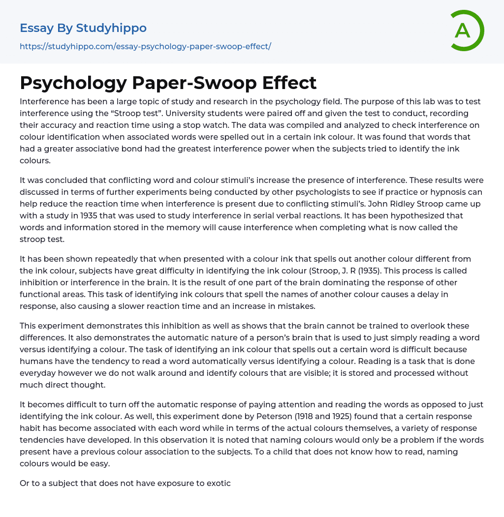 Psychology Paper-Swoop Effect Essay Example