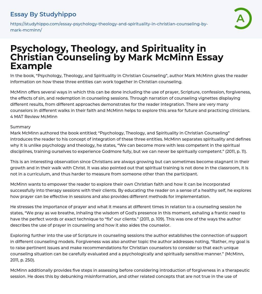 Psychology, Theology, and Spirituality in Christian Counseling by Mark McMinn Essay Example