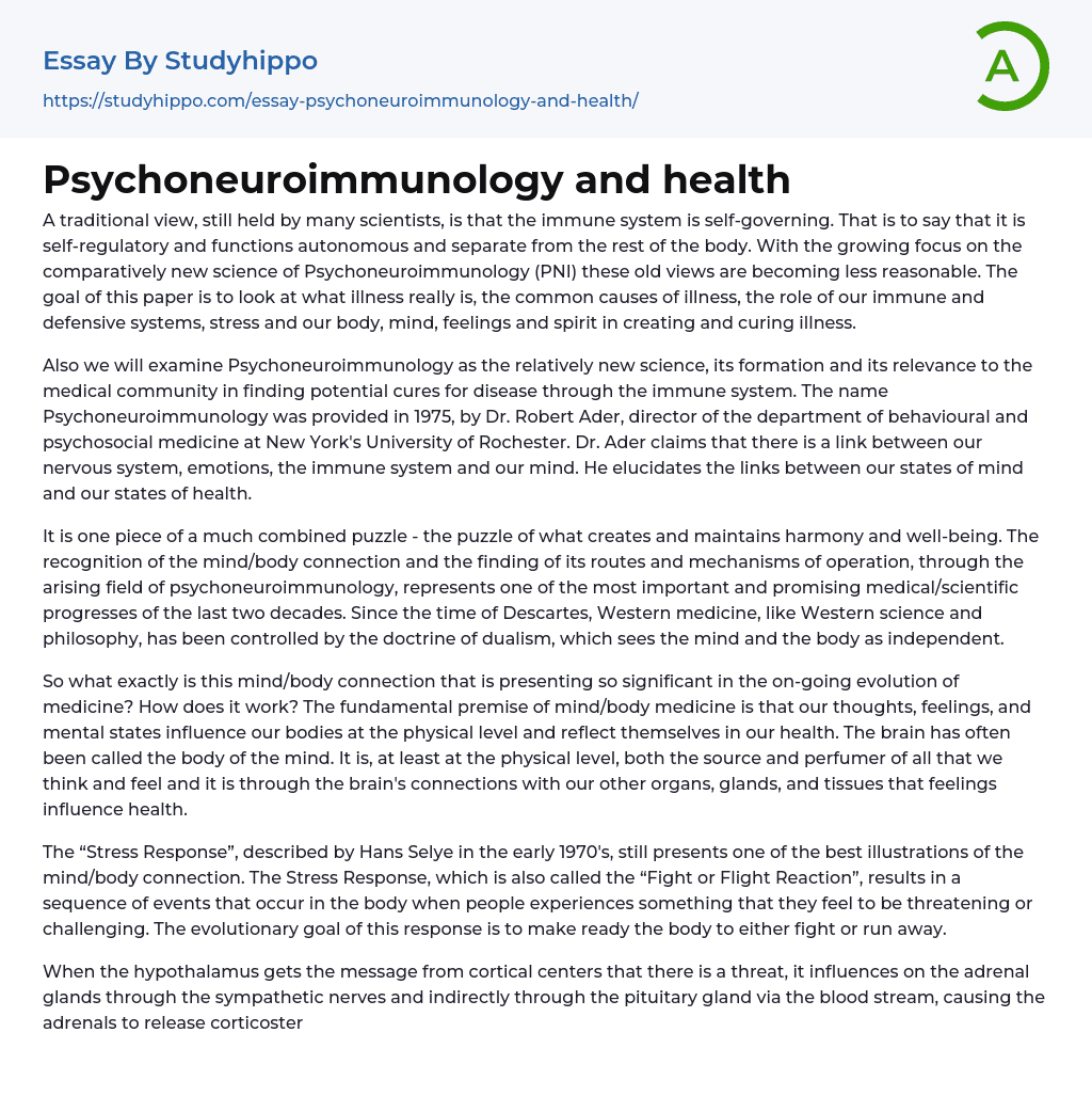 Psychoneuroimmunology and health Essay Example