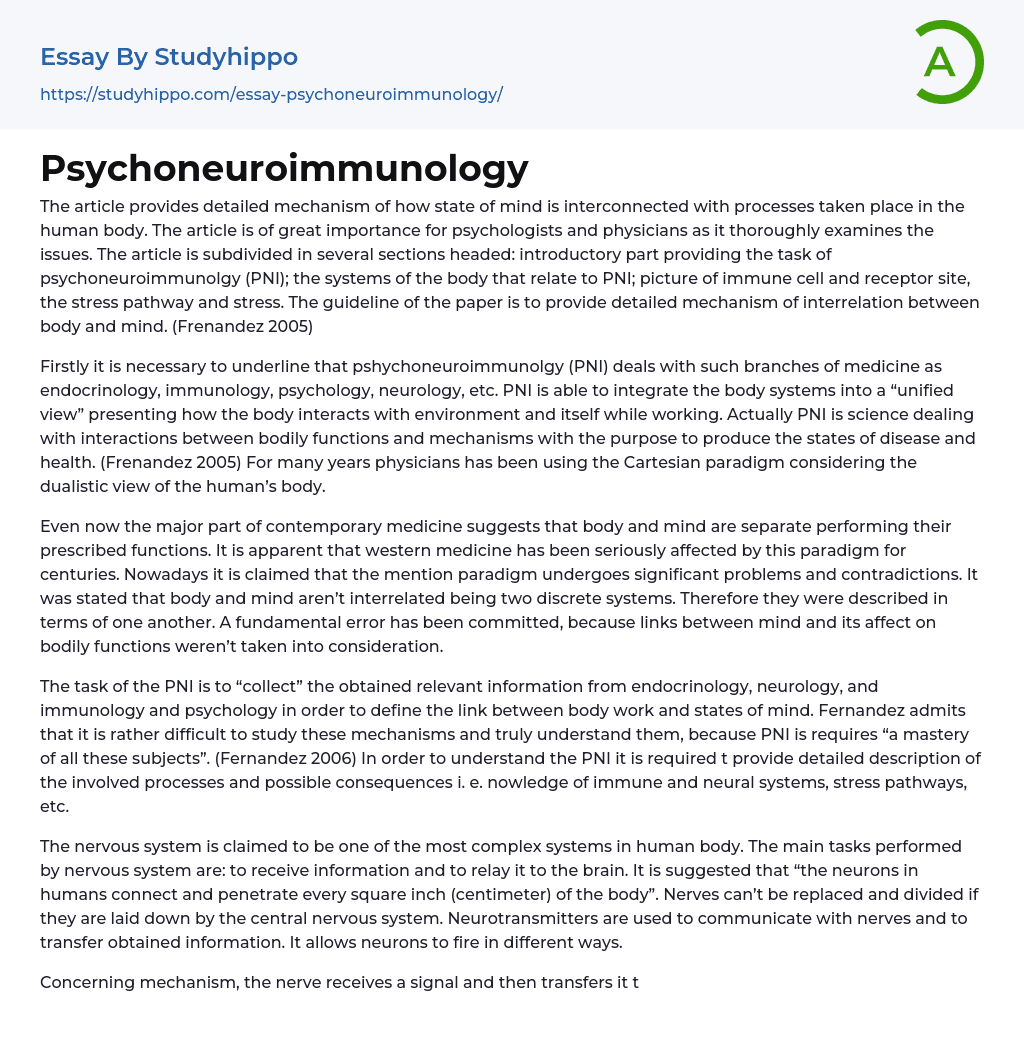 Psychoneuroimmunology Essay Example