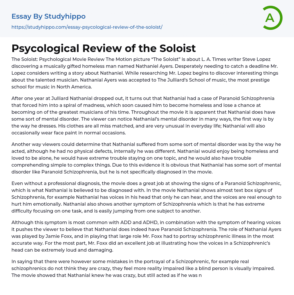 Psycological Review of the Soloist Essay Example