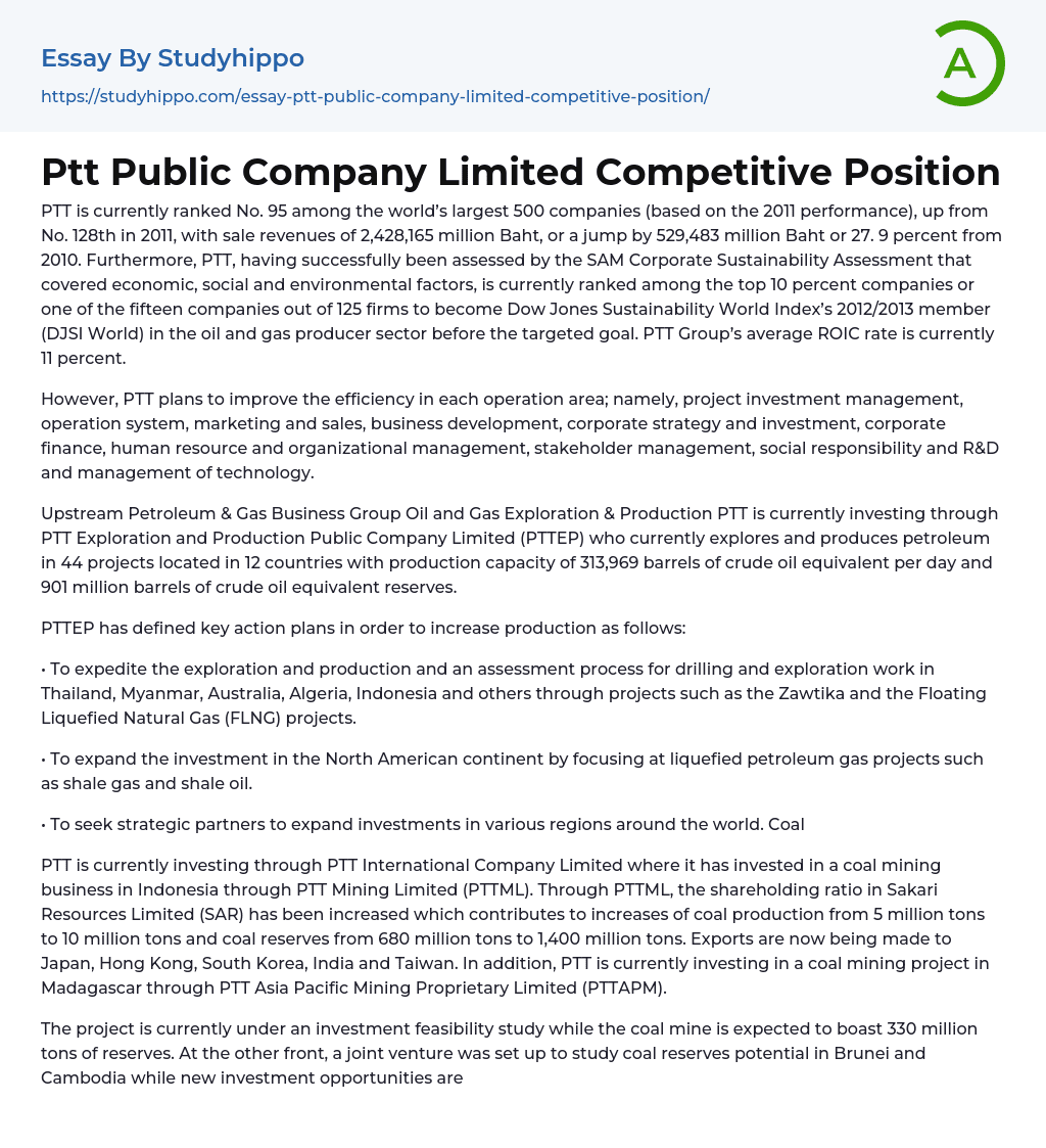 Ptt Public Company Limited Competitive Position Essay Example