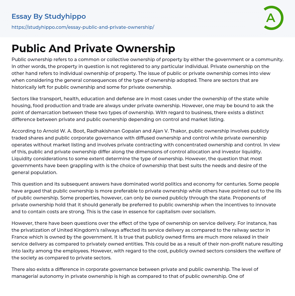 Public And Private Ownership Essay Example