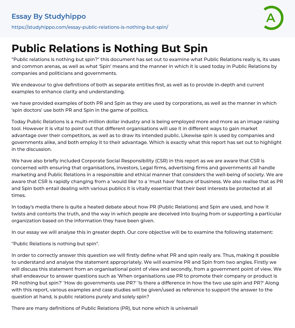 Public Relations is Nothing But Spin Essay Example