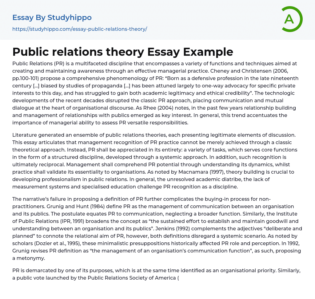 Public relations theory Essay Example