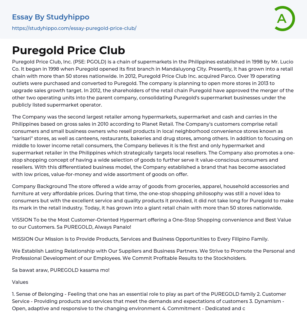 Puregold Price Club Essay Example