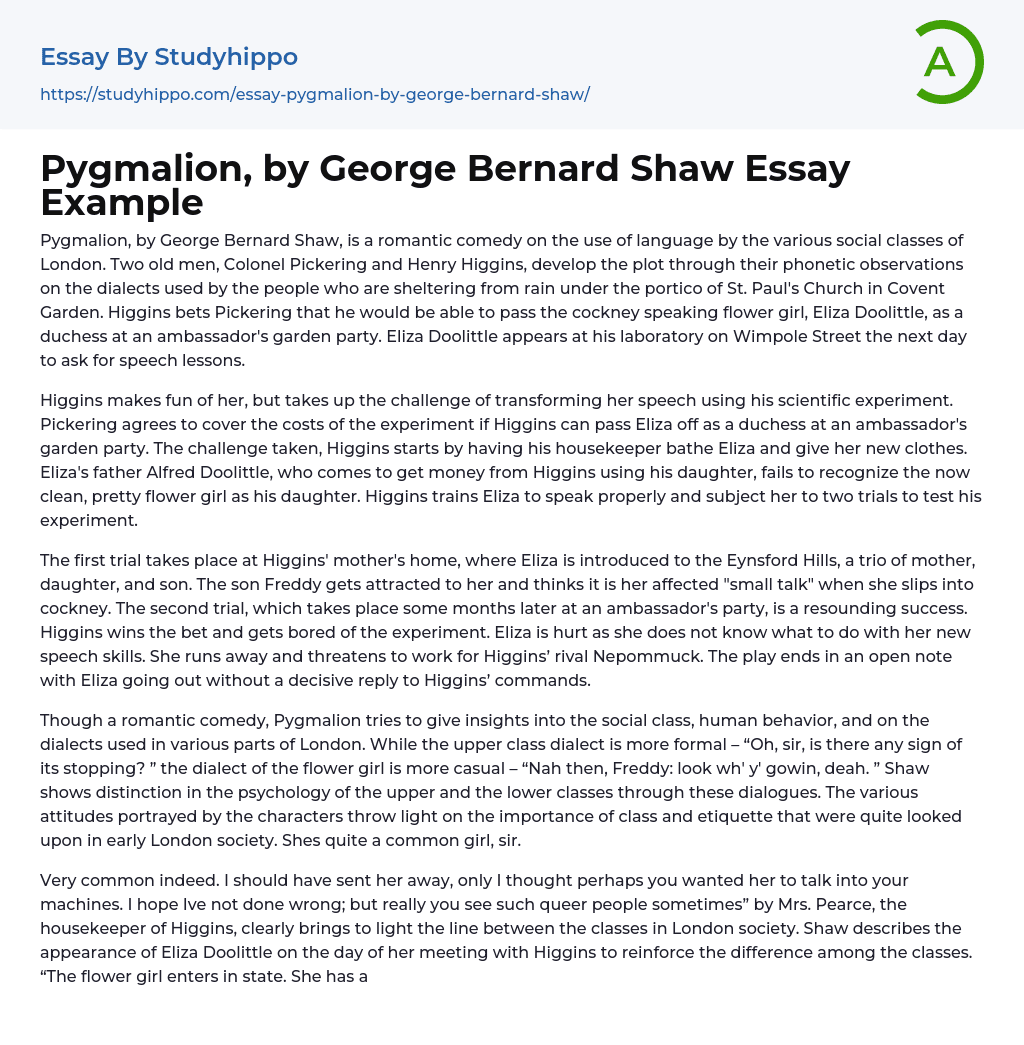 Pygmalion, by George Bernard Shaw Essay Example