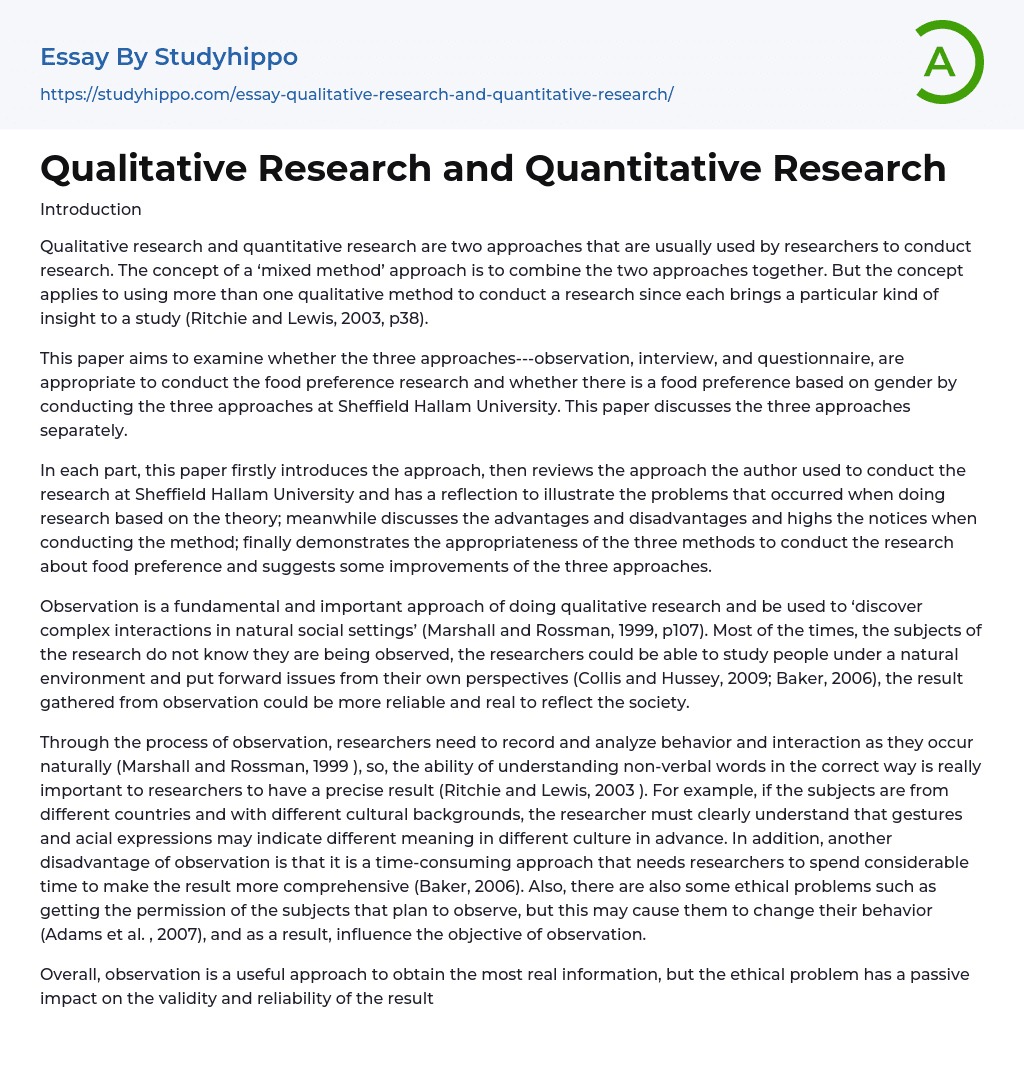 Qualitative Research and Quantitative Research Essay Example