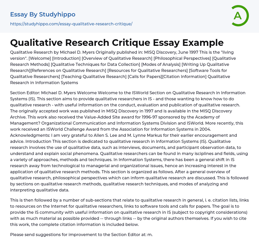 Qualitative Research Critique Essay Example