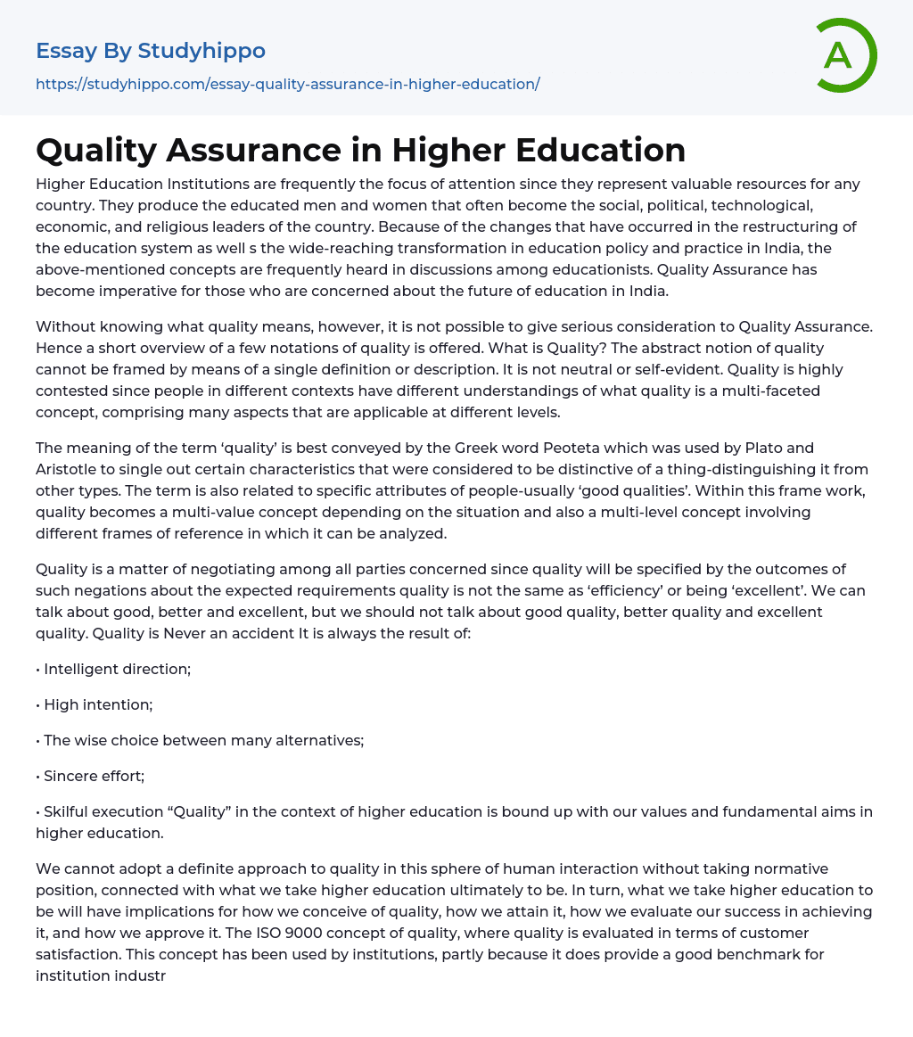 Quality Assurance in Higher Education Essay Example