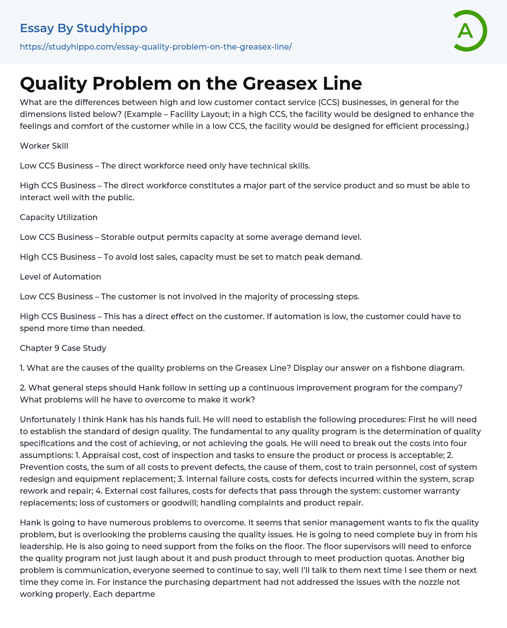 Quality Problem on the Greasex Line Essay Example