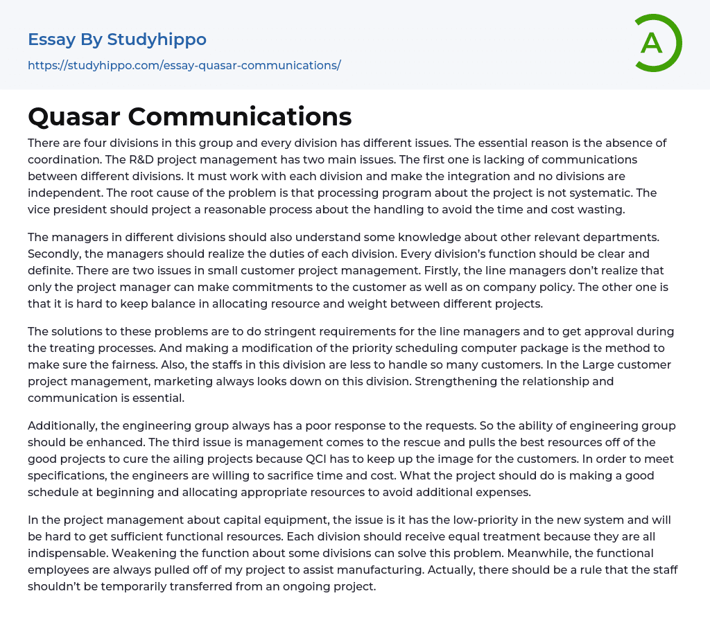 Quasar Communications Essay Example