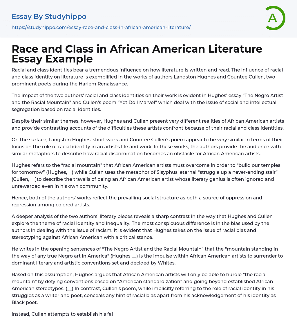 Race and Class in African American Literature Essay Example