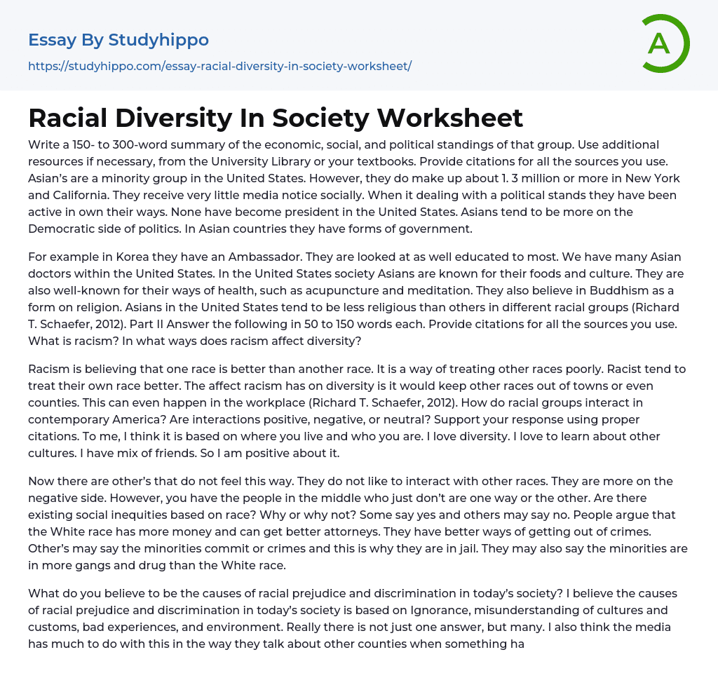 Racial Diversity In Society Worksheet Essay Example
