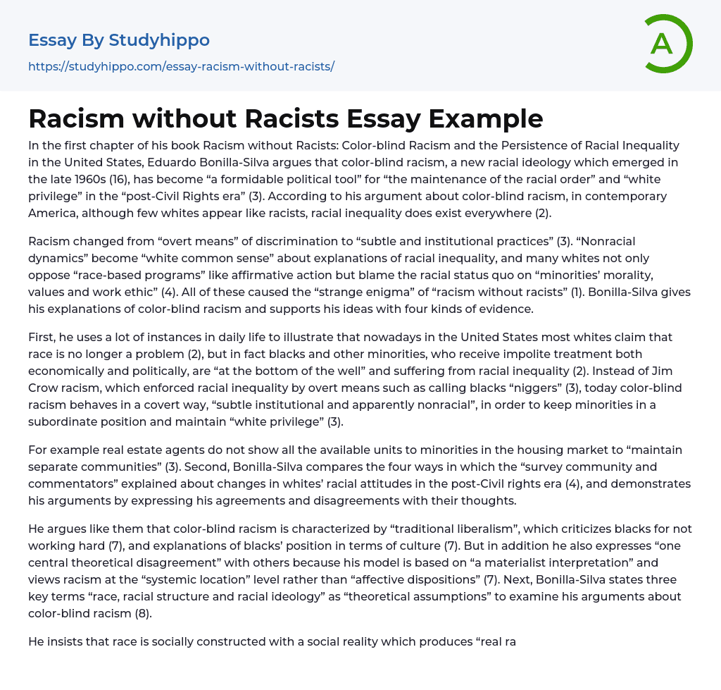 Racism without Racists Essay Example