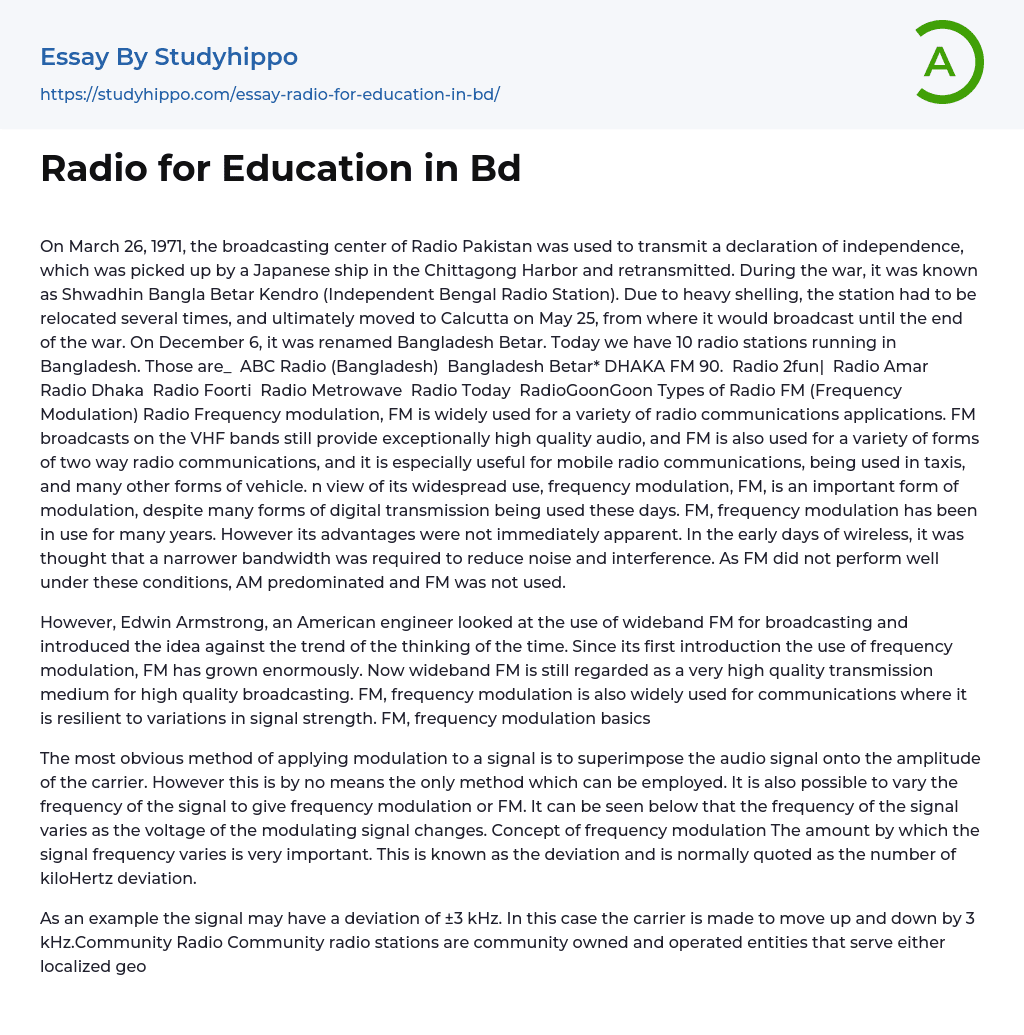 Radio for Education in Bd Essay Example