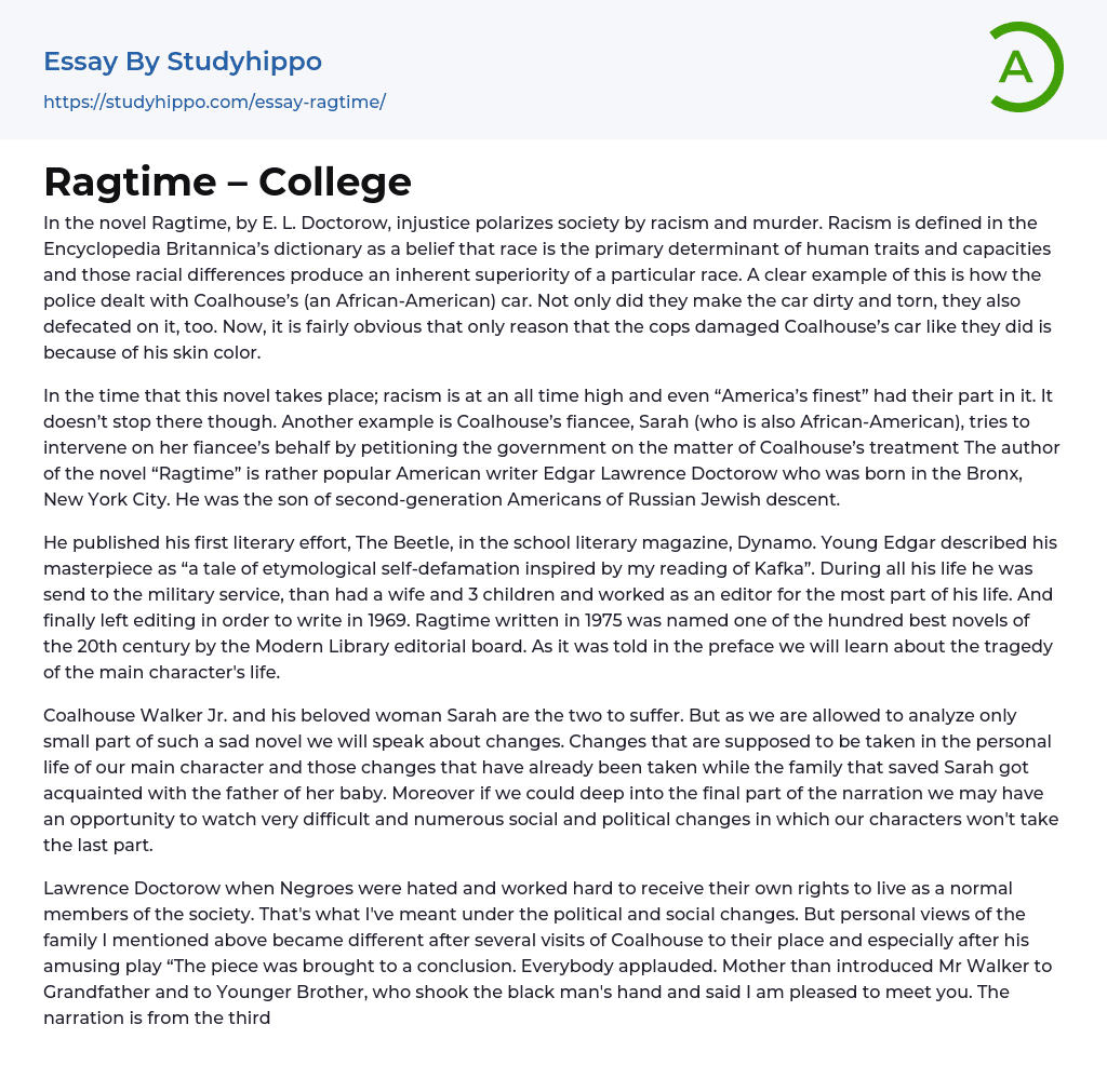 Ragtime – College Essay Example