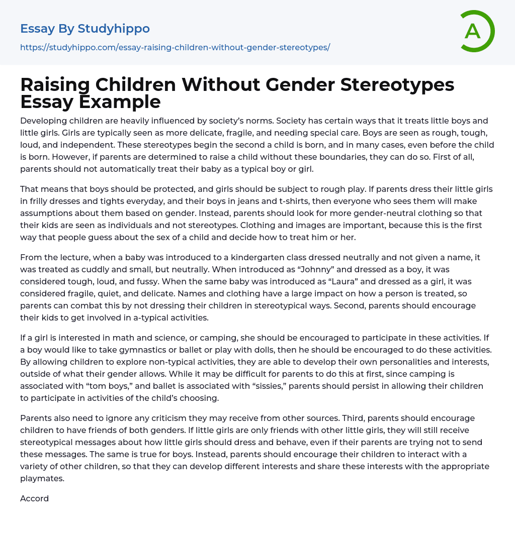 Raising Children Without Gender Stereotypes Essay Example