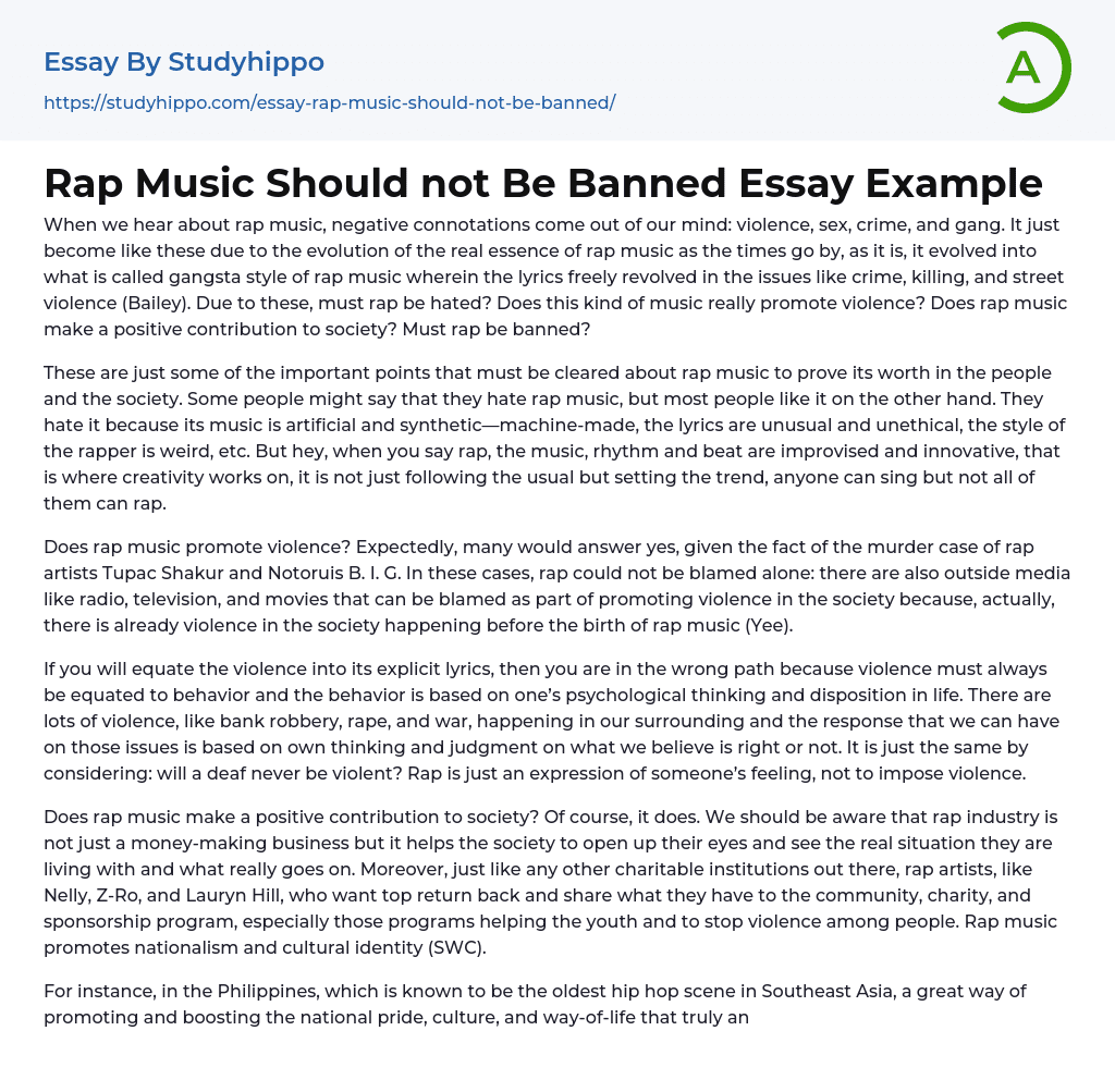 Rap Music Should not Be Banned Essay Example