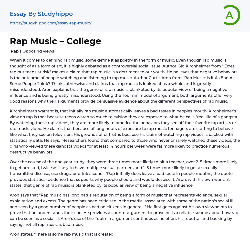 Rap Music – College Essay Example