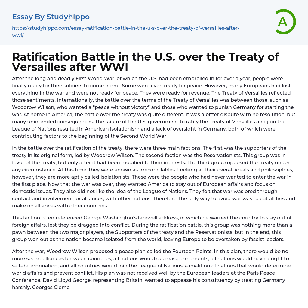 Ratification Battle in the U.S. over the Treaty of Versailles after WWI Essay Example