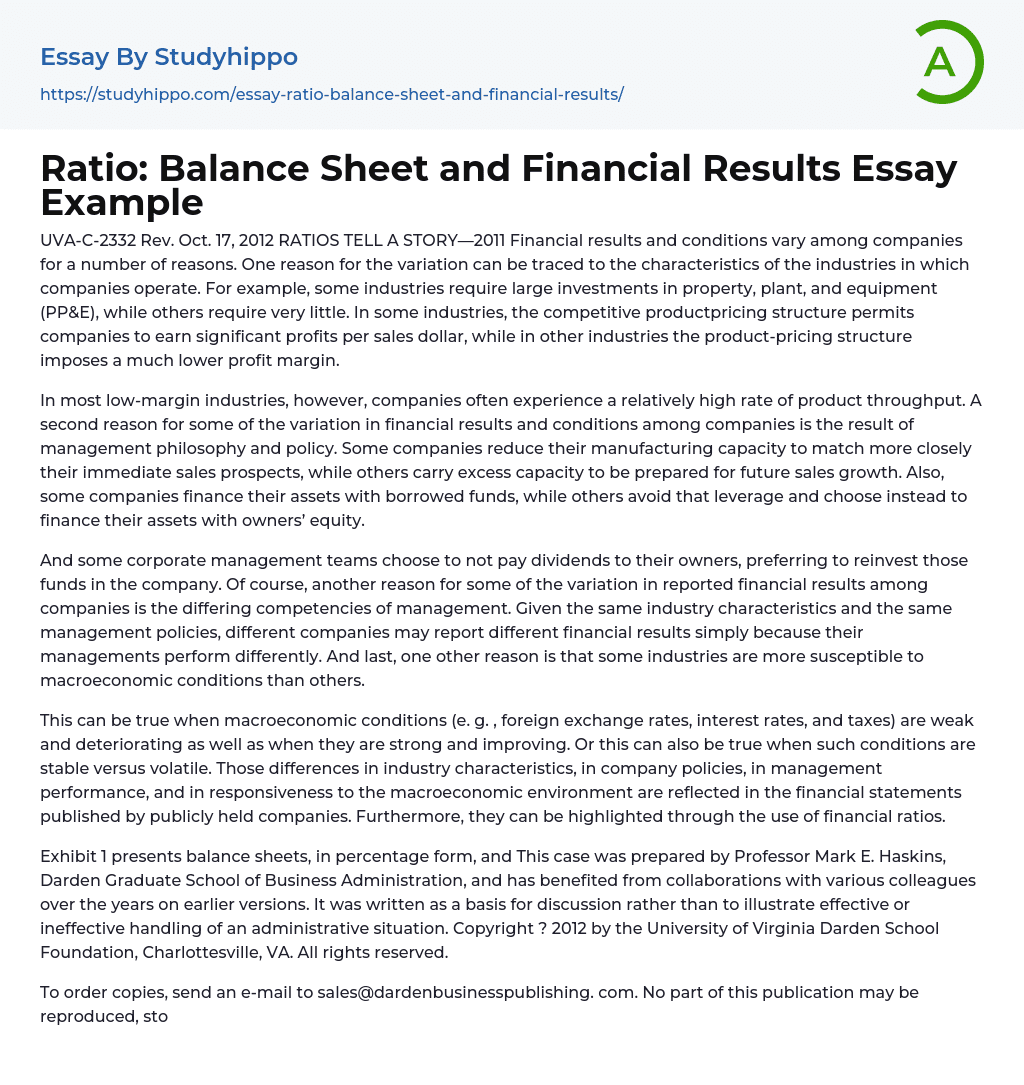 Ratio: Balance Sheet and Financial Results Essay Example