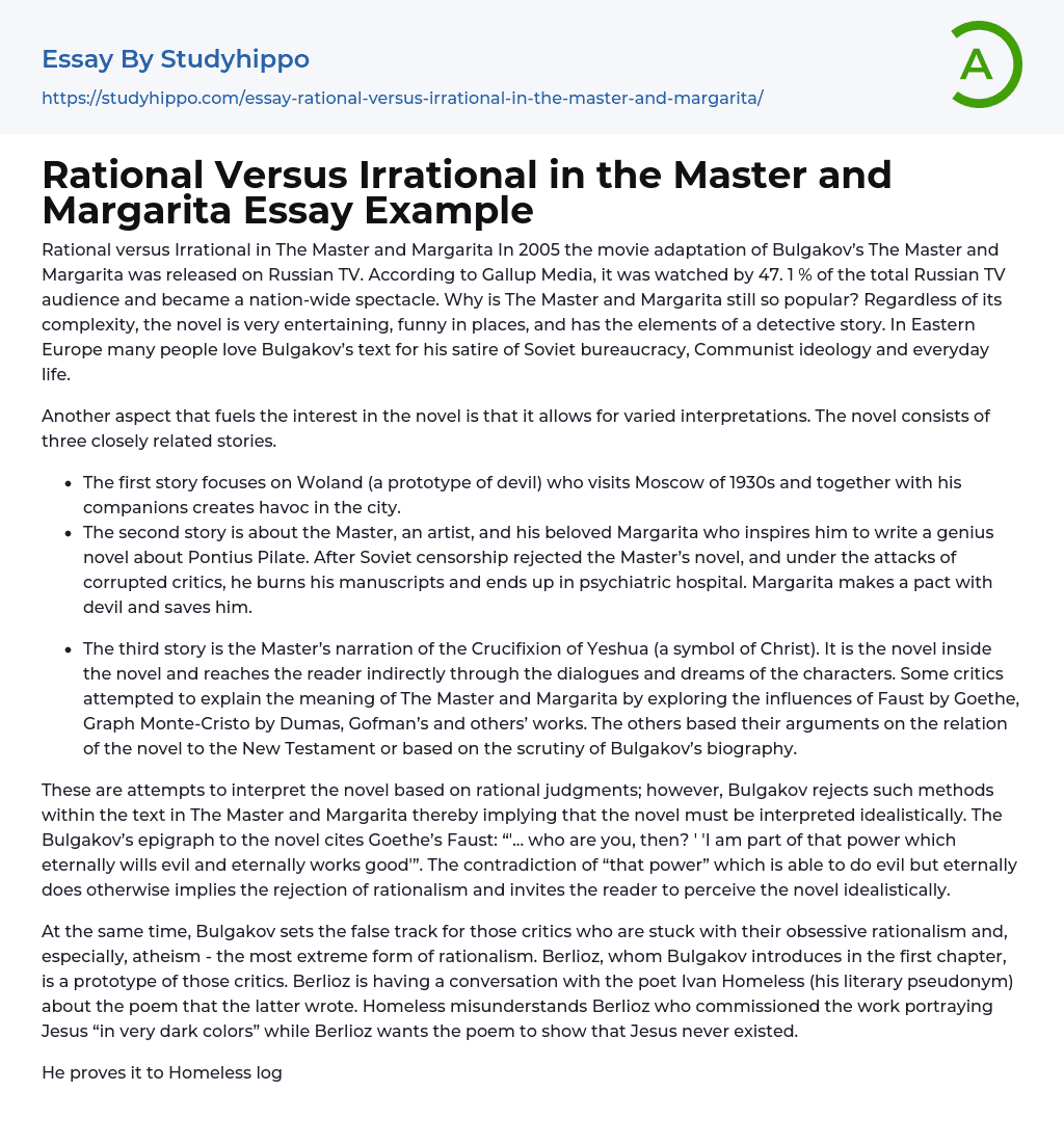 Rational Versus Irrational in the Master and Margarita Essay Example