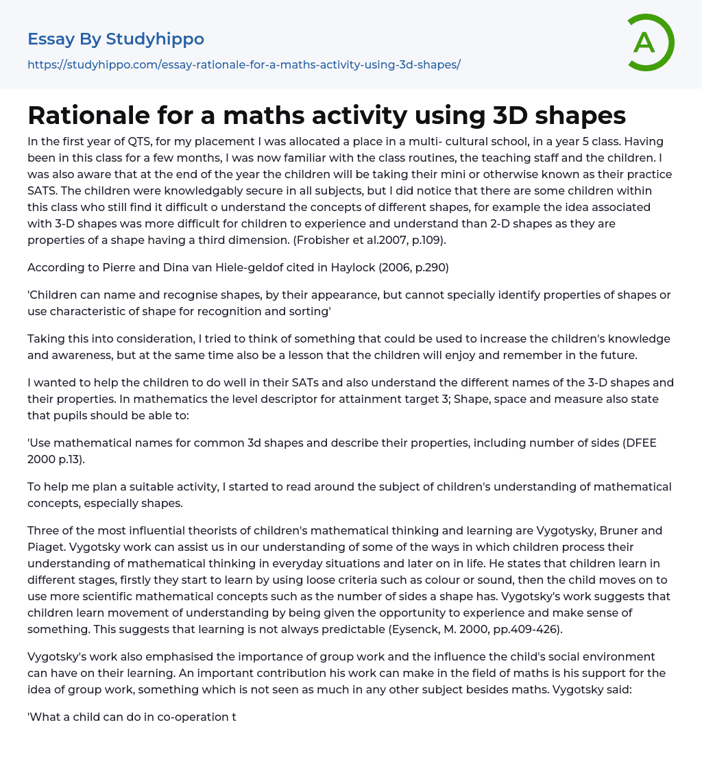 Rationale for a maths activity using 3D shapes Essay Example
