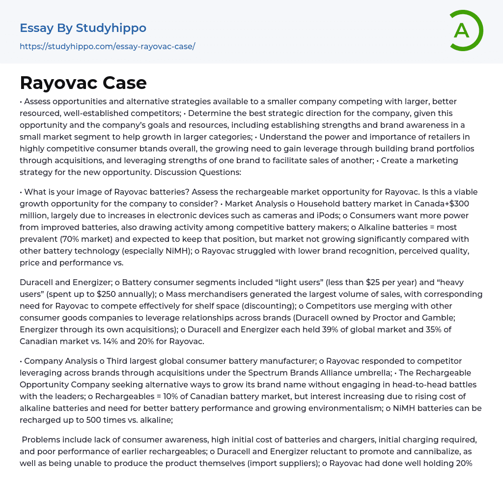 Rayovac Case Essay Example