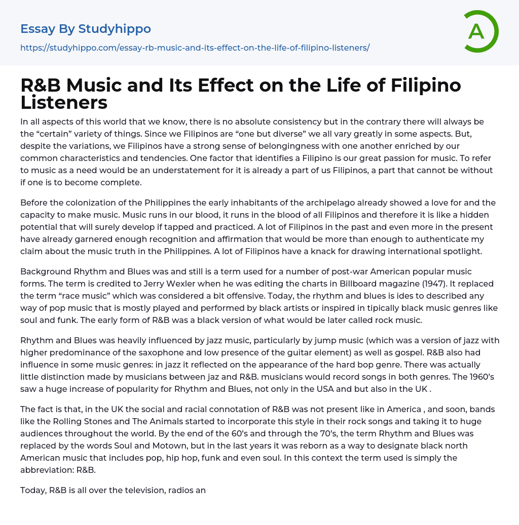 R&B Music and Its Effect on the Life of Filipino Listeners Essay Example