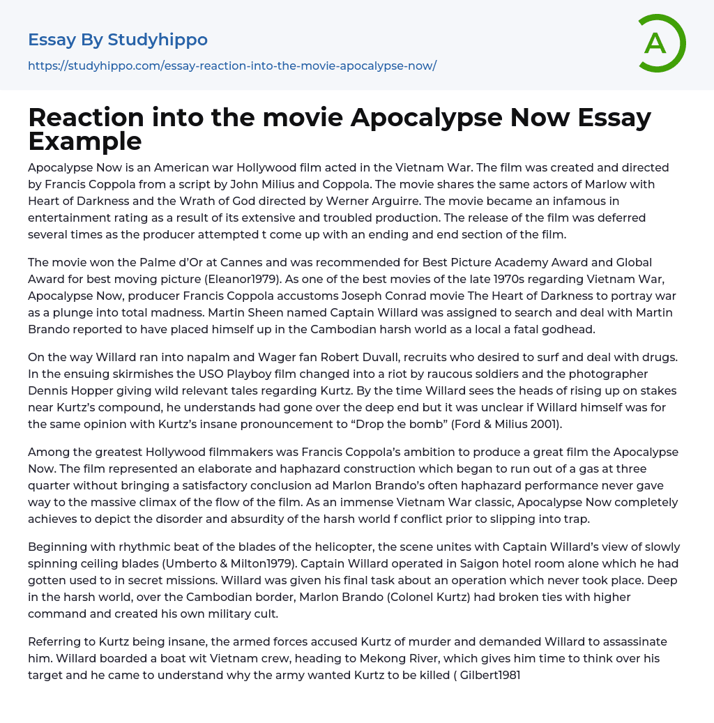 Reaction into the movie Apocalypse Now Essay Example