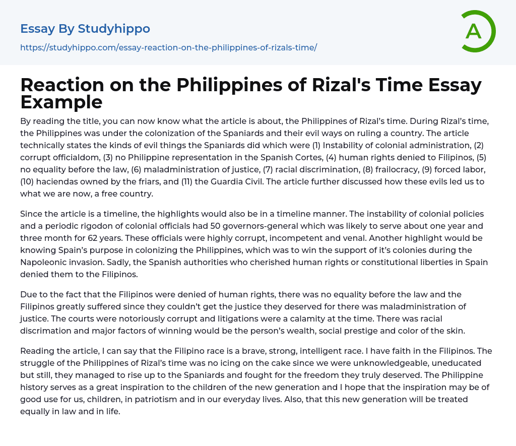 Reaction on the Philippines of Rizal’s Time Essay Example