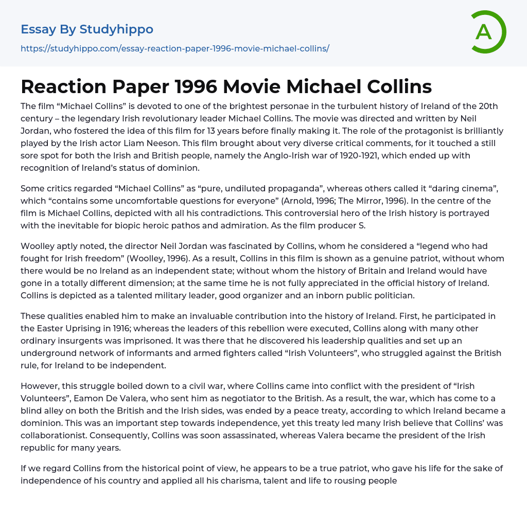 Reaction Paper 1996 Movie Michael Collins Essay Example