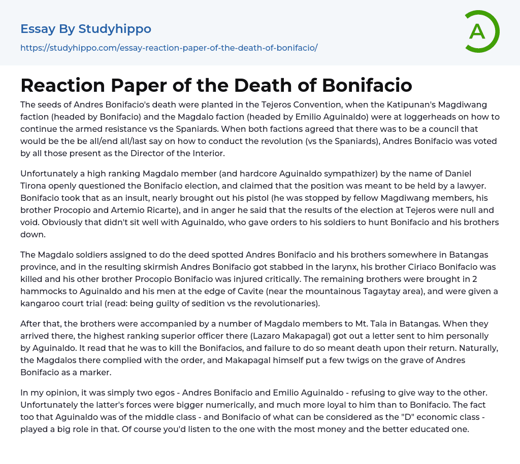 Reaction Paper of the Death of Bonifacio Essay Example