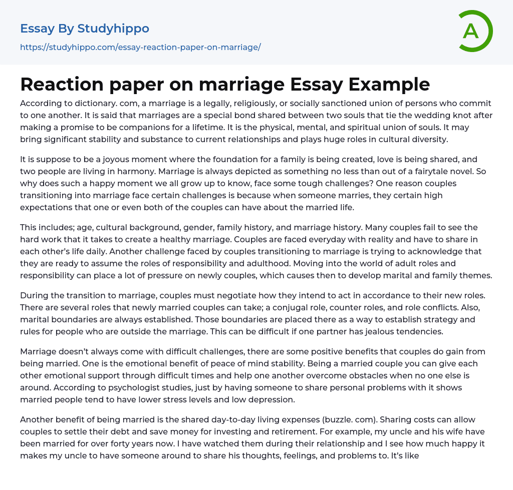 Reaction paper on marriage Essay Example