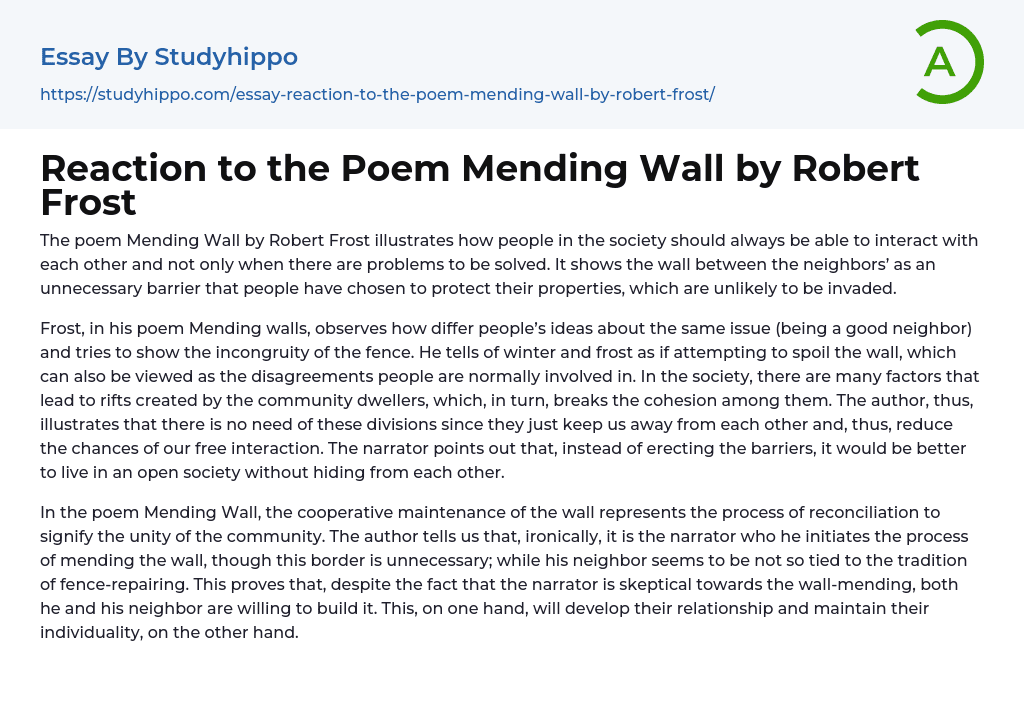 Reaction to the Poem Mending Wall by Robert Frost Essay Example