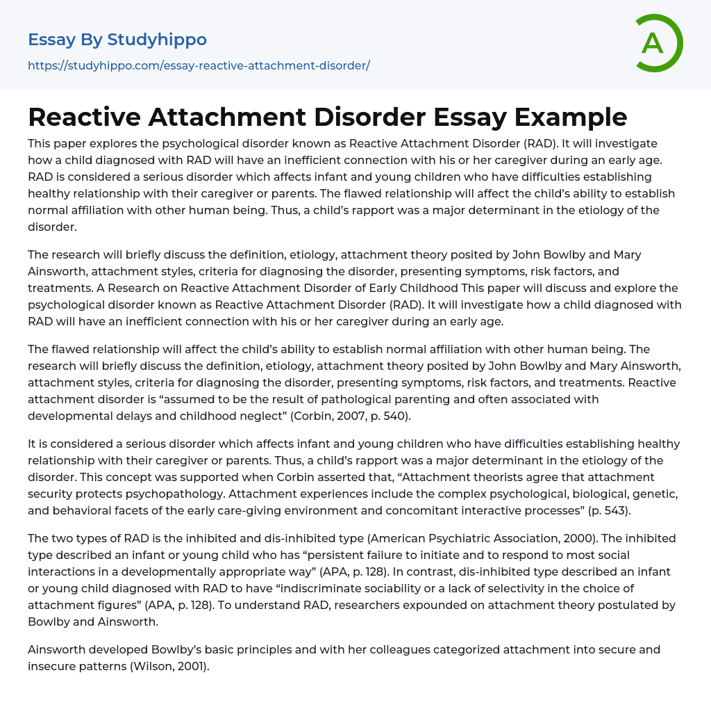Reactive Attachment Disorder Essay Example