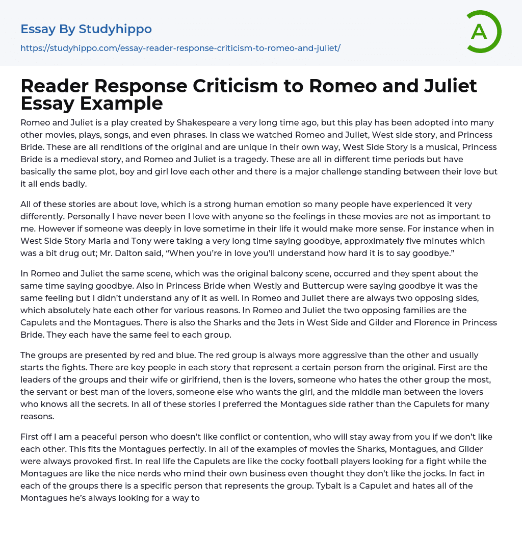 Reader Response Criticism to Romeo and Juliet Essay Example