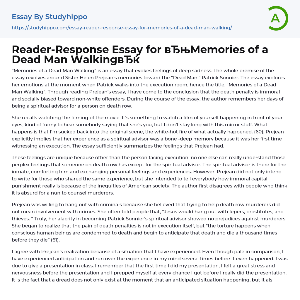 Reader-Response Essay for “Memories of a Dead Man Walking”