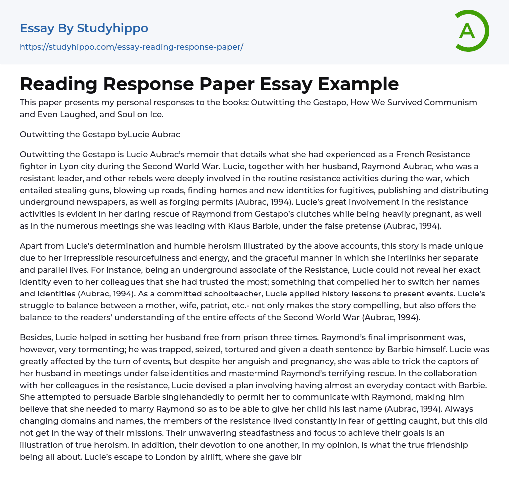 Reading Response Paper Essay Example