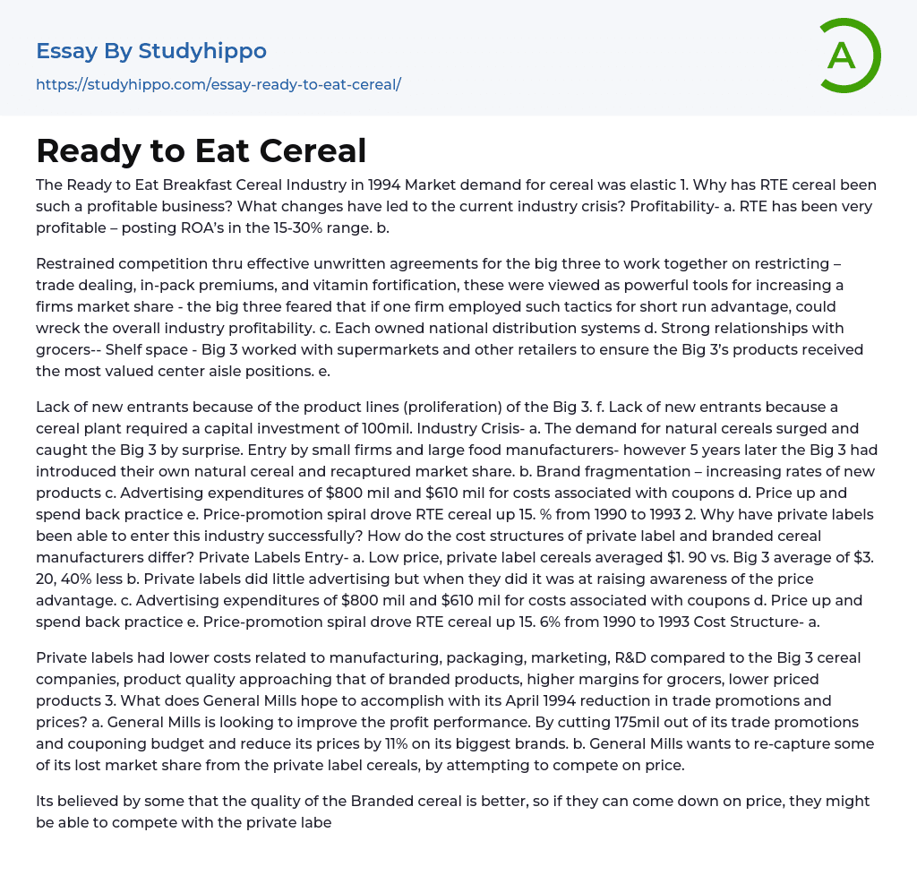 Ready to Eat Cereal Essay Example