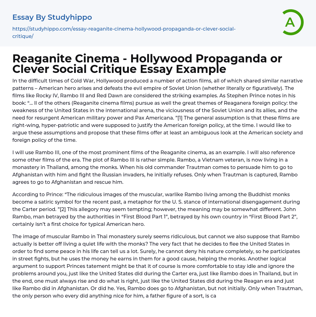 Reaganite Cinema – Hollywood Propaganda or Clever Social Critique Essay Example