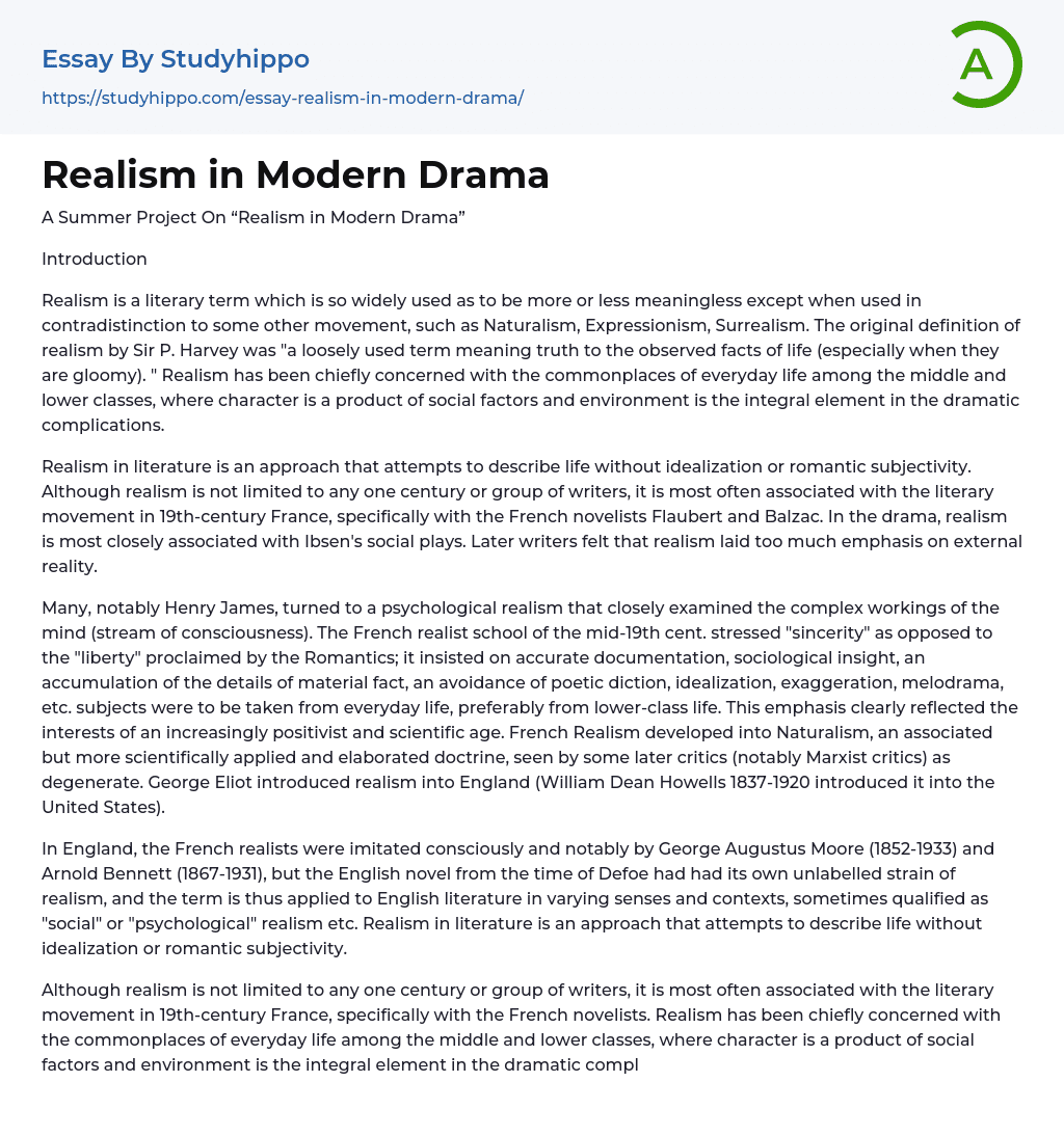 Realism in Modern Drama Essay Example