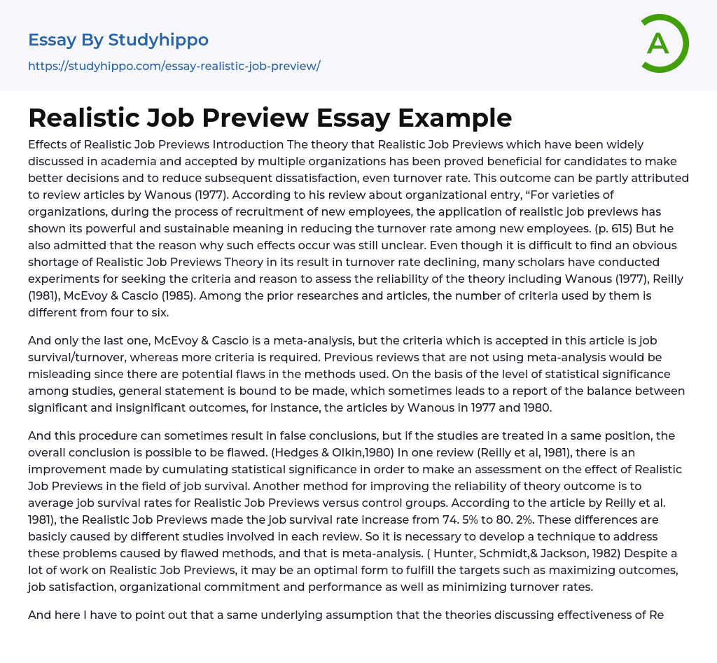 Realistic Job Preview Essay Example