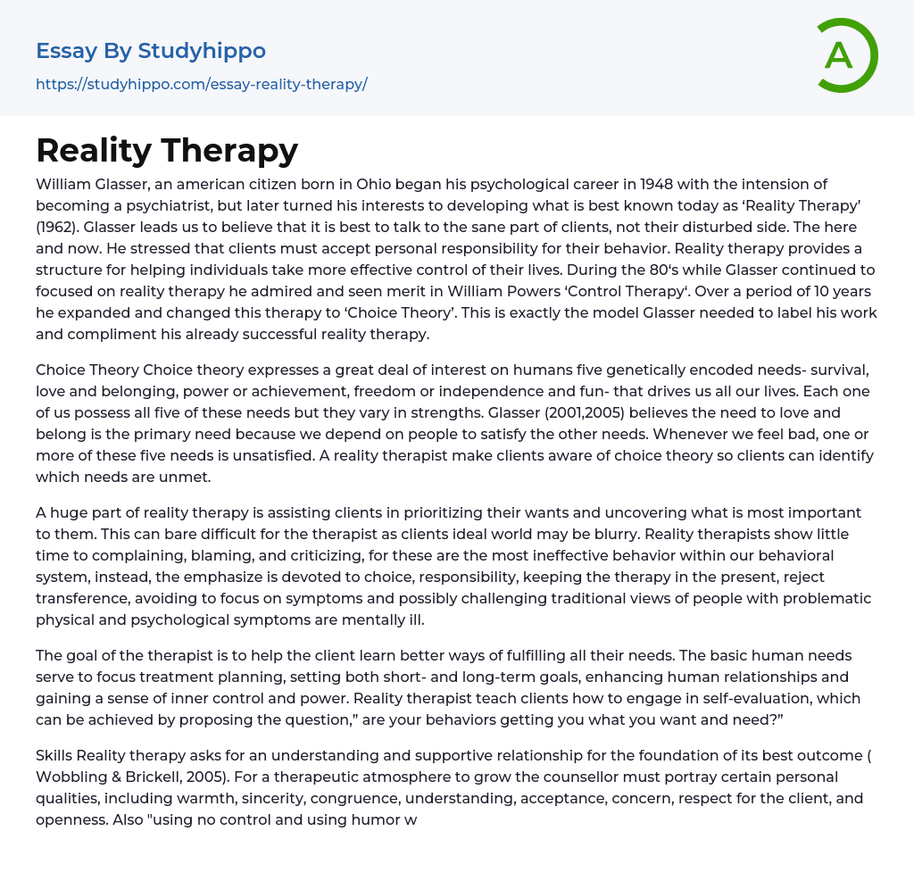 Reality Therapy Essay Example